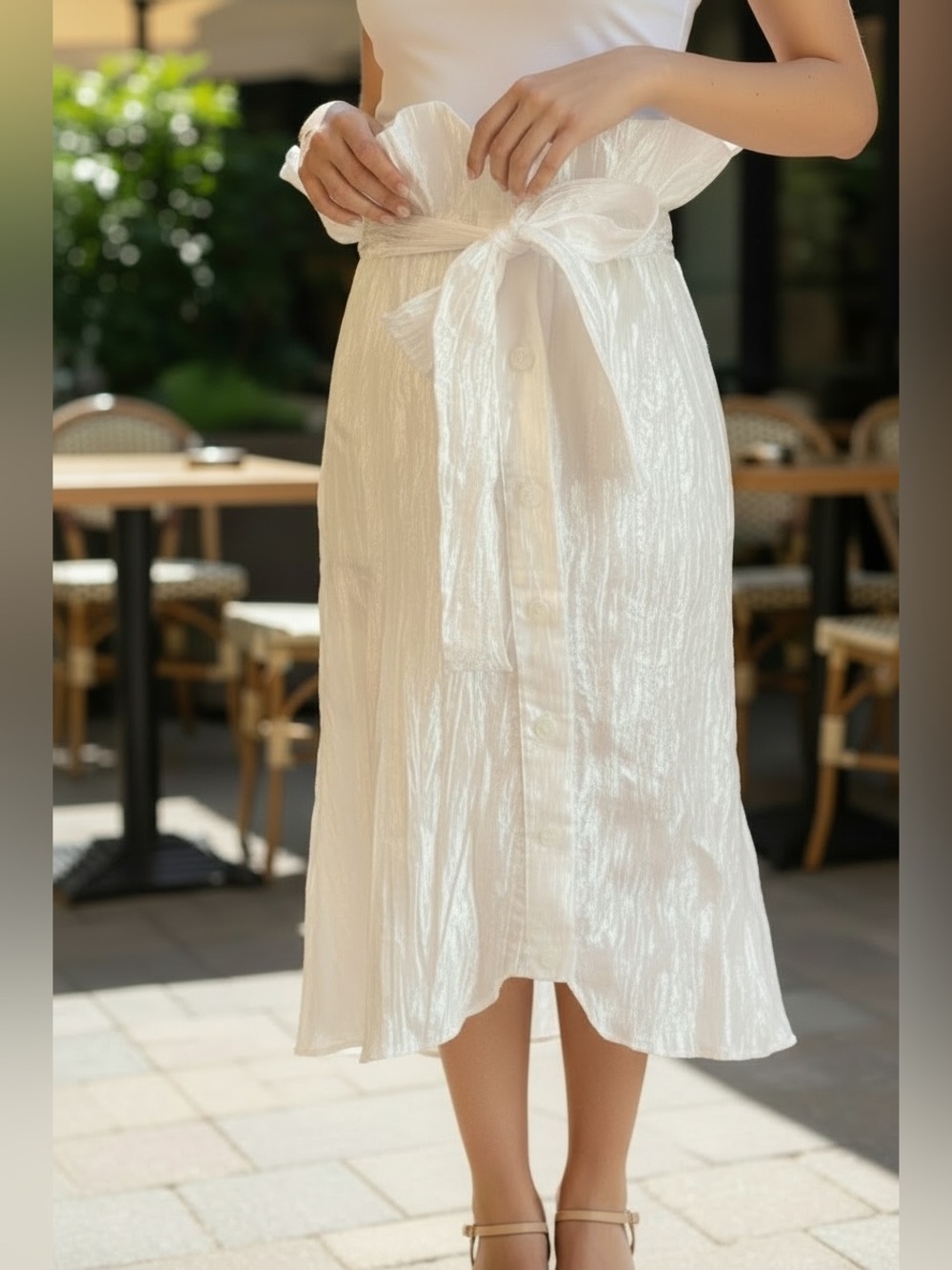 IZAYLA Shimmer White Crinkle Paperbag Peplum Waist Knee Length Skirt